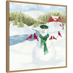 Snowman Christmas II by Tara Reed 22-in. W x 22-in. H. Canvas Wall Art Print Framed in Natural