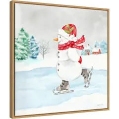 Let it Snow Blue Snowman V by Cynthia Coulter 22-in. W x 22-in. H. Canvas Wall Art Print Framed in Natural