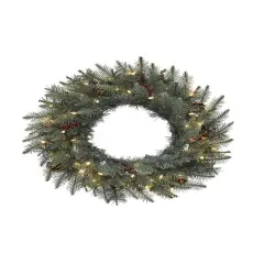 Perfect Holiday 24" Pre-lit Carolina Spruce Wreath With Pine Cones And Red Berry Clusters