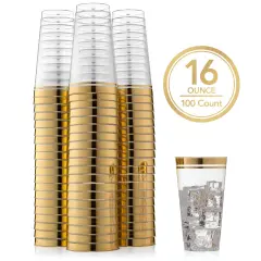 100 Pk 16 oz Clear Plastic Cups | Gold Rimmed Disposable Cups