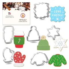 CookieCutter.com 6 Piece Winter Cozy Night Cookie Cutter Set Snowflake, Sweater, Beanie Hat Stocking Cap, Latte Cup, Mitten, Fancy Square Plaque Frame, USA