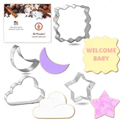 CookieCutter.com 4 Piece Baby Nursery Twinkle Little Star Cookie Cutter Set Crescent Moon, Clouds, Star, Fancy Square Plaque, USA