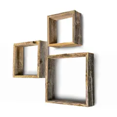 Rustic Farmhouse Reclaimed Wooden Open Square Wall Shelves (Set of 3) Grey