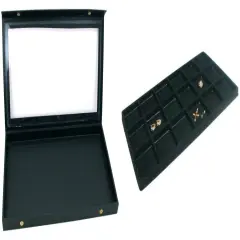 Black Glass Top Jewelry Case (Snap close lid) w/ Black 18-slot Plastic Tray