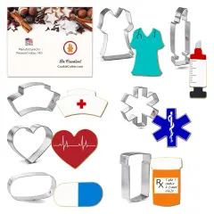 CookieCutter.com Nurse Theme 7 Piece Cookie Cutters Set, Scrubs, Hat, Syringe, Pill Bottle, Heart, Star of Life, Tin Plate Steel, USA