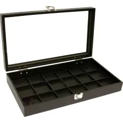 Glass Top Case Black Leather Pocket Watch Jewelry Display Tray