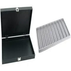 Black Jewelry Display Case (Single metal clasp) w/ Gray 10-slot Plastic Tray