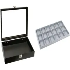 Black Glass-top Jewelry Case (Single metal latch) w/ Gray 18-slot Plastic Tray
