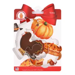 CookieCutter.com Thanksgiving Turkey Cookie Cutter Set 3 Piece, Hang Tag Cookie Recipe Card, Large, Medium, Small, Tin Plate Steel, USA