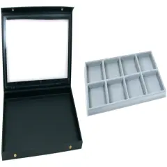 Black Glass Top Jewelry Case (Snap close lid) w/ Gray 8-slot Plastic Tray