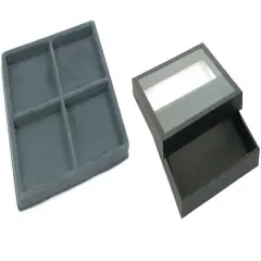 Black Square Display Case (Glass-top Removable Lid) w/ Gray 4-slot Plastic Tray