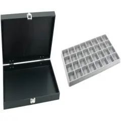 Black Jewelry Display Case (Single metal clasp) w/ Gray 32-slot Plastic Tray