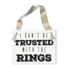 Ritzy Rose Funny Ring Bearer Sign - Black on 11x8in White Linen Cardstock with Gold Ribbon