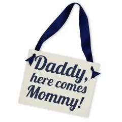 Ritzy Rose Cute Ring Bearer Sign - Navy Blue on 11x8in Ivory Linen Cardstock with Navy Blue Ribbon