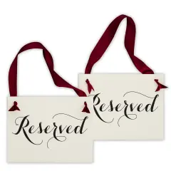 Ritzy Rose 2 Fancy Reserved Signs - Black on 11x8in Ivory Linen Cardstock with Wine Ribbon