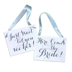 Ritzy Rose 2 Cute Ring Bearer Signs - Slate on 11x8in White Linen Cardstock with Dusty Blue Ribbon