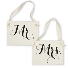 Ritzy Rose Mr. and Mrs. Chair signs - Black on 11x8in Ivory Linen Cardstock with Ivory Ribbon