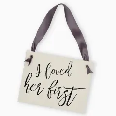 Ritzy Rose Cute Engagement Announcement Sign - Black on 11x8in Ivory Linen Cardstock with Slate Ribbon