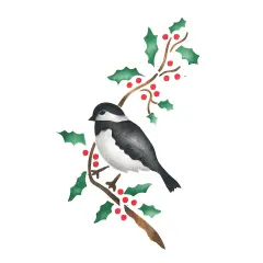 Chickeee Bird Wall Stencil with Holly | 1514 by Designer Stencils | Reusable Art Craft Stencils for Painting |
