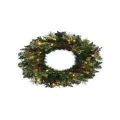 Perfect Holiday 24" Pre-lit Jasper Mixed Pine Wreath With Pine Cones And Red Berry Clusters
