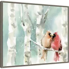 Christmas Cardinals by Katrina Pete 28-in. W x 23-in. H. Canvas Wall Art Print Framed in Grey