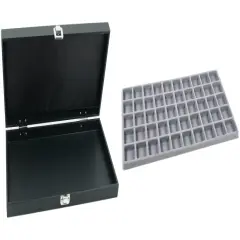 Black Jewelry Display Case (Single metal clasp) w/ Gray 50-slot Plastic Tray