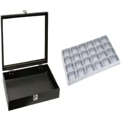 Black Glass-top Jewelry Case (Single metal latch) w/ Gray 24-slot Plastic Tray