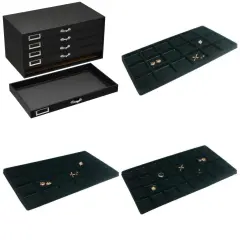 Black 5 Drawer Jewelry Storage Organizer Case with 5 Black Gem Jar Slot Trays