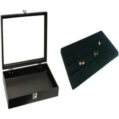 Black Glass-top Jewelry Case (Single metal latch) w/ Black 24-slot Plastic Tray