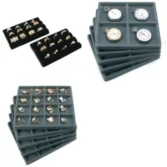 Gray Flocked Jewelry Tray Inserts 4 Slot & 16 Slot W/ Velvet Ring Pad Kit 12 Pcs