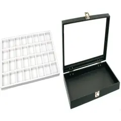 Black Glass Top Jewelry Case w/ 1 White 32-slot Plastic Tray(Single metal latch)