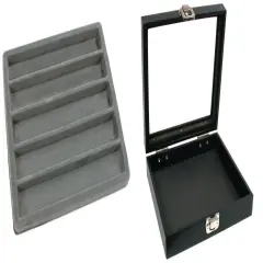 Black Sqaure Glass-top Case (Single Metal Latch) w/ Gray 5-slot Plastic Tray