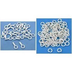 Sterling Silver Crimp End Caps & Silver Plated Open Jump Rings Findings 200 Pcs