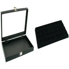Black Glass Top Jewelry Case w/ 1 Black 28-Slot Plastic Tray(Single metal latch)
