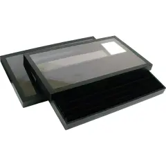 2 Black Velvet Ring Display & Acrylic Lid Travel Tray