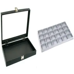 Black Glass Top Jewelry Case w/ 1 Gray 24-Slot Plastic Tray (Single metal latch)