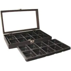 Glass Top Pocket Watch Black Display 20 Slot Tray Case