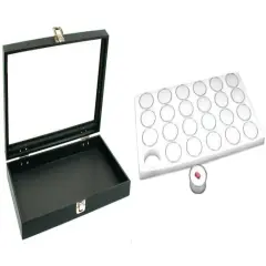 Black Glass Top Jewelry Case (Single metal clasp) w/ White Foam 24 Gem Jar Insert