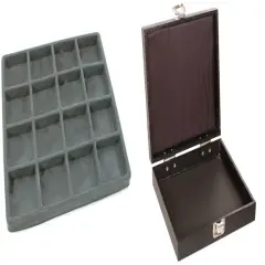 Black Square Jewelry Case (Single Metal Latch) w/ Gray 16-slot Plastic Tray