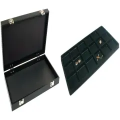 Black Jewelry Case (2xMetal Clasps &Removable Lid) w/ Black 18-slot Plastic Tray