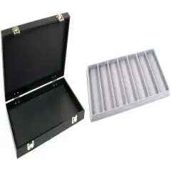 Black Jewelry Case (2xMetal Clasps & Removable Lid) w/ Gray 7-slot Plastic Tray