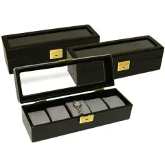 3 Leather Watch Box Case Display w/Glass Top 5 Slot New
