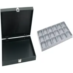 Black Jewelry Display Case (Single metal clasp) w/ Gray 18-slot Plastic Tray