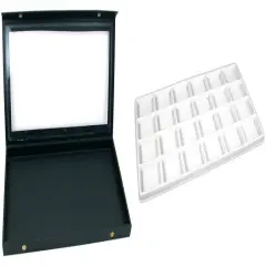 Black Glass Top Jewelry Case (Snap close lid) w/ White 24-slot Plastic Tray