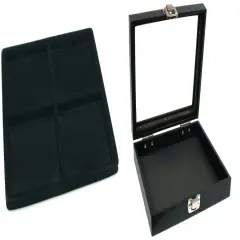 Black Sqaure Glass-top Case (Single Metal Latch) w/ Black 4-slot Plastic Tray