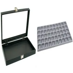 Black Glass Top Jewelry Case w/ 1 Gray 50-Slot Plastic Tray (Single metal latch)