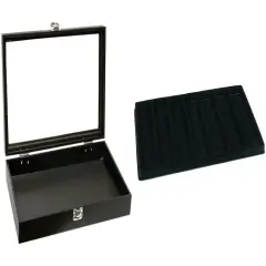 Black Glass-top Jewelry Case (Single metal latch) w/ Black 7-slot Plastic Tray