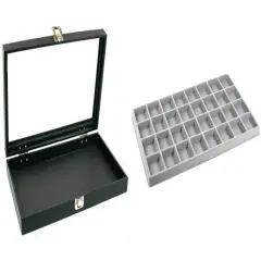 Black Glass Top Jewelry Case w/ 1 Gray 32-Slot Plastic Tray (Single metal latch)