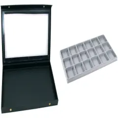 Black Glass Top Jewelry Case (Snap close lid) w/ Gray 18-slot Plastic Tray