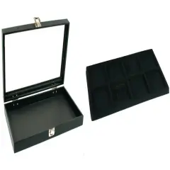 Black Glass Top Jewelry Case w/ 1 Black 8-Slot Plastic Tray (Single metal latch)